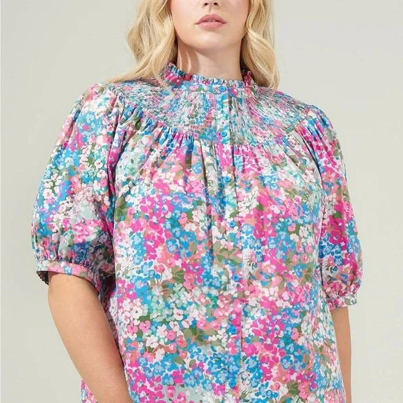 SUGARLIPS Avery Blossom Floral Smocked Mock Neck Top in Dusty Pink Size Small - Picture 7 of 12